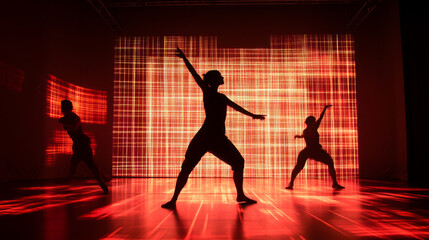 A group of people are dancing in front of a red wall