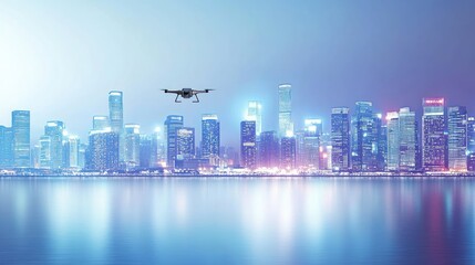 Obraz premium A drone hovers over a vibrant city skyline reflected in water at dusk.