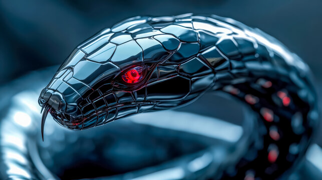 Metallic black mamba snake with glowing red eyes staring