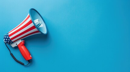Ein Megafon im Design der Flagge der USA auf blauem Hintergrund 