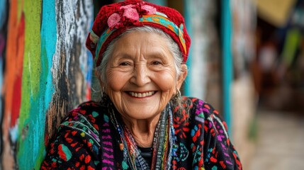 Fototapeta premium Senior with a smile in a cultural heritage context, surrounded by traditional elements that highlight their connection to cultural roots.