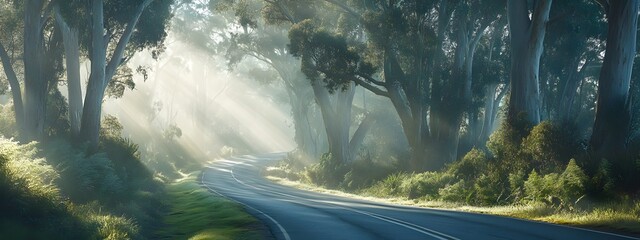 A winding road through the Australian forest, lined with towering eucalyptus trees and dappled sunlight filtering through dense foliage