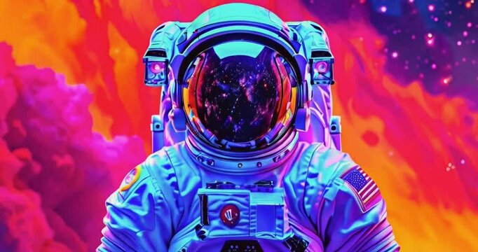 An astronaut in a space suit is set against a colorful background. Created using generative AI.