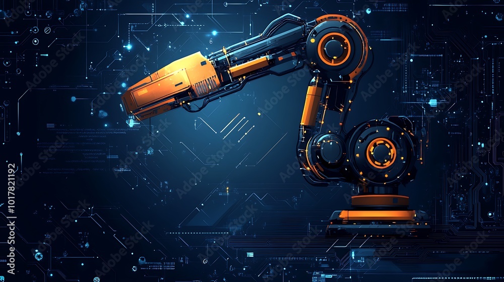 Poster a robotic arm with orange and black accents is set against a blue background with a circuit board pa