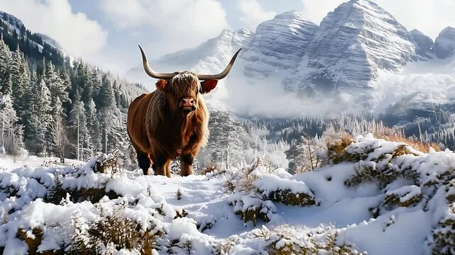 Portrait of Scottish Highland cow in the snow, Hairy Scottish highlanders in a natural winter landscape of a national park