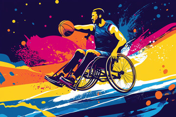 A vibrant image of a person with Spina Bifida participating in an adaptive sport, such as basketball