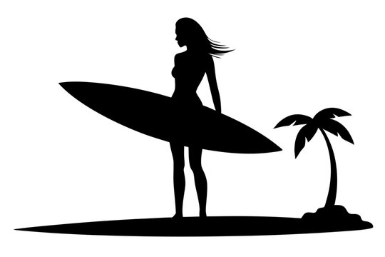 black silhouette surfer girl with surfboard clip art preview
