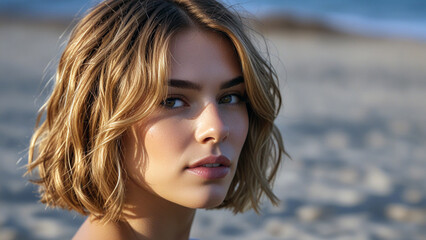 The woman’s fair skin glows in the warm sunlight, while her wavy bob catches the wind