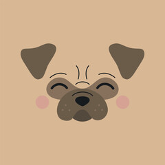 Cute beige pug dog vector illustration. Pug head icon isolated on beige background.