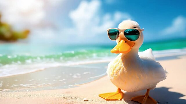 Funny duck with sunglasses on a sunny beach