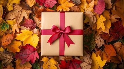 Gift Box on Colorful Autumn Leaves