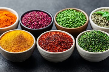 Fototapeta premium Row of bowls with different colored spices. bowls are arranged in a row and are of different sizes. Colorful array of spices in bowls, vibrant colors and varieties, perfect for culinary themes