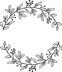 Black And White Floral Wreath With Leaves And Berries For Christmas. Minimalist And Elegant Design For Holiday Decorations And Seasonal Projects, Xmas Decor, Cards, And Traditional Winter Celebrations
