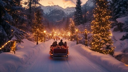 A cozy winter scene with a sleigh ride through a snowy landscape adorned with twinkling lights and festive trees.