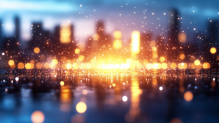 Obraz premium stunning cityscape at night, illuminated by vibrant lights reflecting on wet surface, creating magical atmosphere filled with sparkling bokeh effects