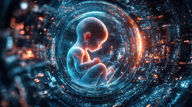 Human embryo in a glowing, hightech growth chamber, surrounded by advanced medical technology and futuristic innovations