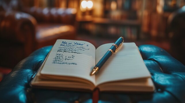 A close-up view of a handwritten New Year's resolutions list in a cozy library setting with warm lighting
