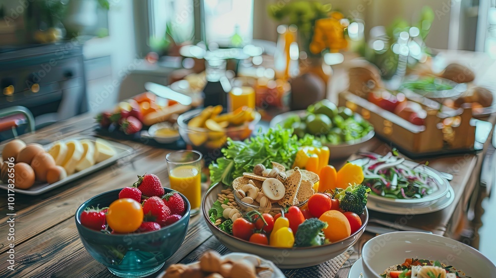 Poster a wooden table is set with an array of fresh fruits, vibrant vegetables, nuts, and balanced meals, c