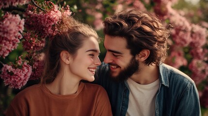 Fototapeta premium Young couple in love, radiating happiness and connection through their gestures.