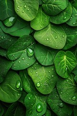 Fototapeta premium Close-up of fresh green leaves covered with water droplets, creating a lush and vibrant natural texture.