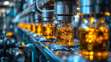 Bottling process with amber liquid in jars on a production line.
