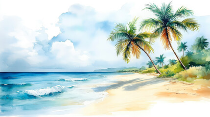 Watercolor Summer Beach Scene with Palm Trees and Ocean Waves for Holiday Travel and Vacation Concepts, Perfect for Logos or T-shirts