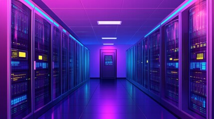 Fototapeta premium A futuristic server room illuminated with purple and blue lighting, showcasing rows of data storage cabinets.