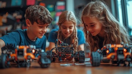 Children engaged in building and programming robotic cars in a creative learning environment.