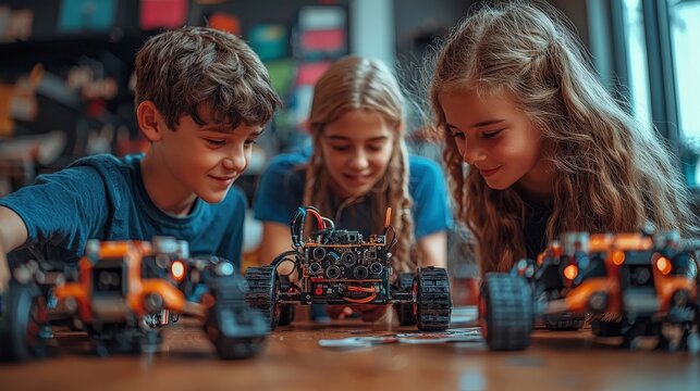 Children engaged in building and programming robotic cars in a creative learning environment.