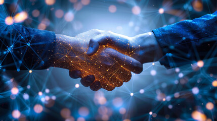 Business Network Concept with Customer Support and Handshake, Digital Technology Connecting People, Evening Mood, Partnership and Collaboration Theme