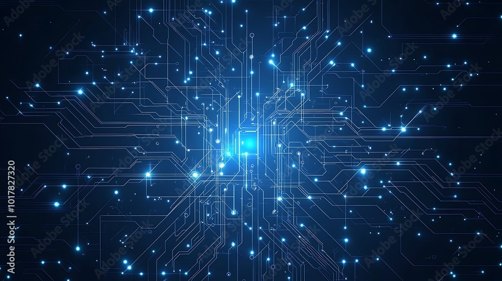 Poster abstract digital circuit board background with glowing blue lines.
