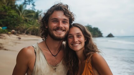 Fototapeta premium Young lovers on a sustainable travel trip, exploring eco-friendly destinations and sharing a passion for responsible travel.