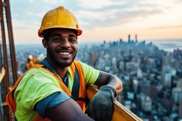 A gleeful worker in safety gear leans on a construction beam high above a bustling cityscape, combining human endeavor with architectural grandeur.