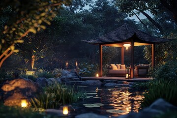 Fototapeta premium Private evening sanctuary with a hidden gazebo illuminated by ambient lights.