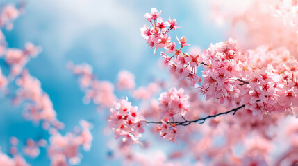 Obraz premium Serene Springtime Cherry Blossoms in Full Bloom Against Blue Sky, Capturing the Beauty and Tranquility of Nature