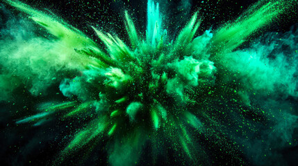 Fototapeta premium A powerful explosion of powdery green-light green-mint dust. The explosion is so strong that it covers the entire frame. The birth of a supernova. Space backdrop for the design. Mystical background