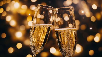 Champagne glasses clinking together amidst a backdrop of glowing lights during a festive celebration at night
