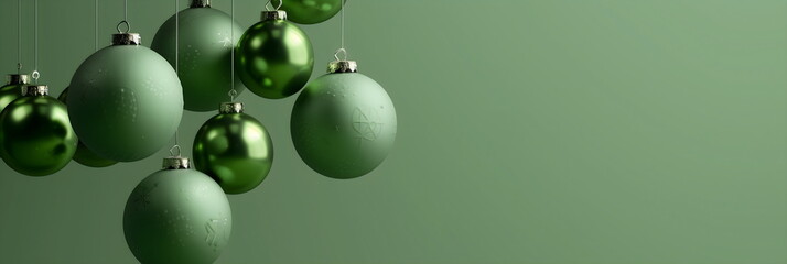 Fototapeta premium Green Christmas tree balls on green background. Merry Christmas and Happy New Year. Winter holidays template with copy space for greeting card, invitation, banner, poster