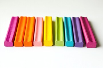 A vibrant arrangement of colorful plasticine bars lined up neatly on a white background