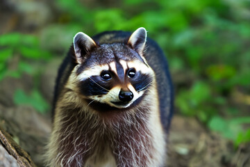 Striped raccoon green in the forest. nature wildlife cute concept. raccoons and furry animals in the thicket of green forest. striped raccoon with fur and a teddy bear in thicket forest in the.