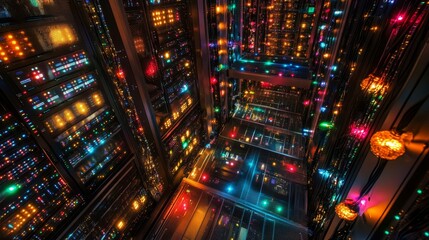 A vibrant server room filled with illuminated panels and colorful lights, showcasing advanced technology and data storage.