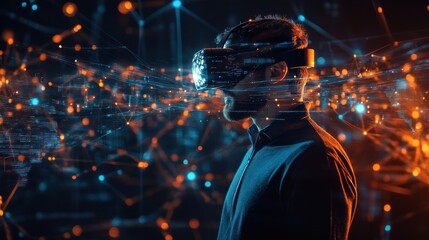 A tech-savvy man wearing VR goggles, immersed in a digital environment with interconnected global network nodes and data streams surrounding him