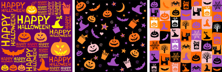 Set of 3 Vector abstract seamless cute halloween patterns. Good for textile fabric design, wrapping paper, website wallpapers, textile, wallpaper and apparel. vector illustration