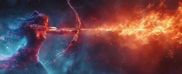 An ethereal figure wields a bow, launching a fiery arrow into the cosmic expanse filled with swirling blues and oranges, illuminating the universe