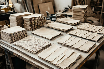 Stacks of rectangular clay slabs and circular clay discs organized on a worktable in a pottery studio, visible with various pottery making tools in the background.