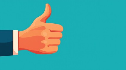 Flat design of uplifted thumbs up and feedback, extreme close-up, minimalist, isolated background