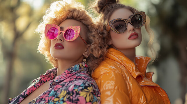 Two plus size models pose in unusually shaped sunglasses