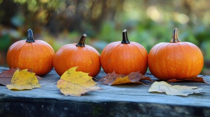 A charming arrangement of pumpkins and leaves, sitting on a wooden plank with empty space for text or messages.
