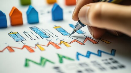 Close-up of a hand drawing a strategic growth plan on paper, arrows and graphs, photorealistic business planning detail