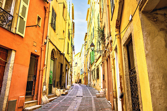 Fototapeta Colorful streets of the historic center of the city of Menton on the French Riviera, Cote d'Azur, France